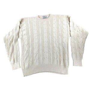 Cable Knit Crewneck Sweater XL Varsity By Savile Row 100% Cotton Beige